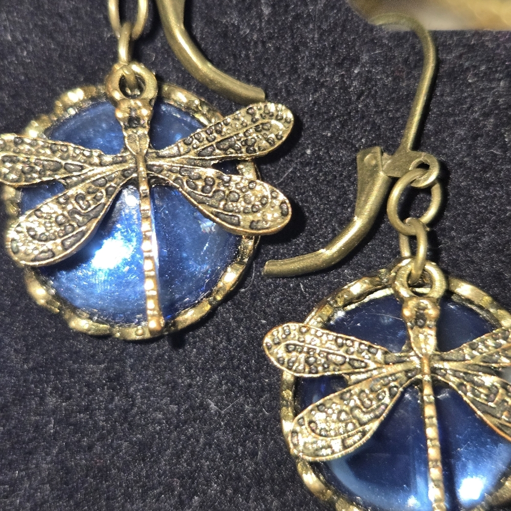 Gold Tone and Blue Dragonfly Earrings NWOT